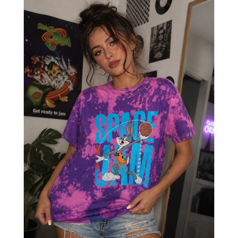 Looney Tunes Bugs Bunny Space Jam Tie Dye T Shirt  Y2K Graphic Tee Purple Pink M
